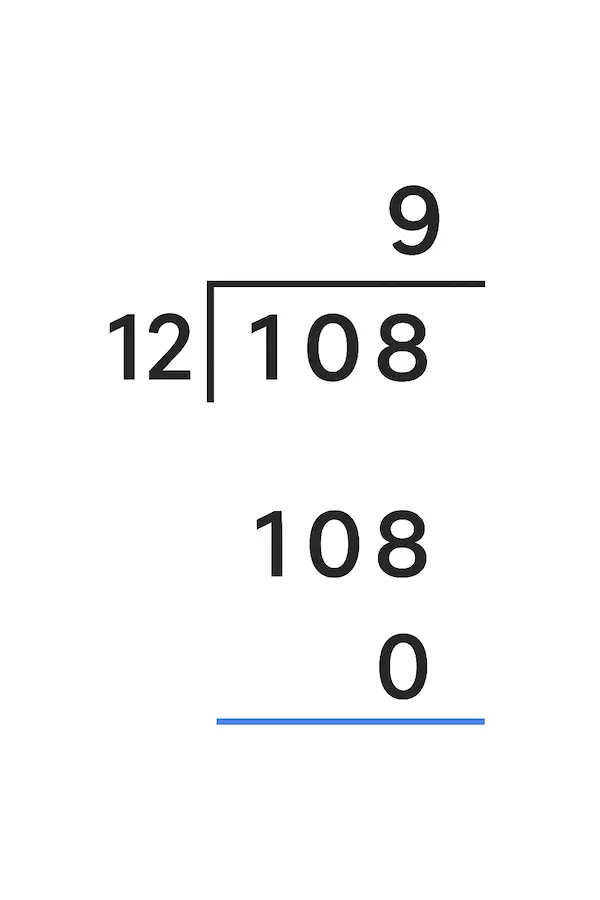 108 divided by 12 solution